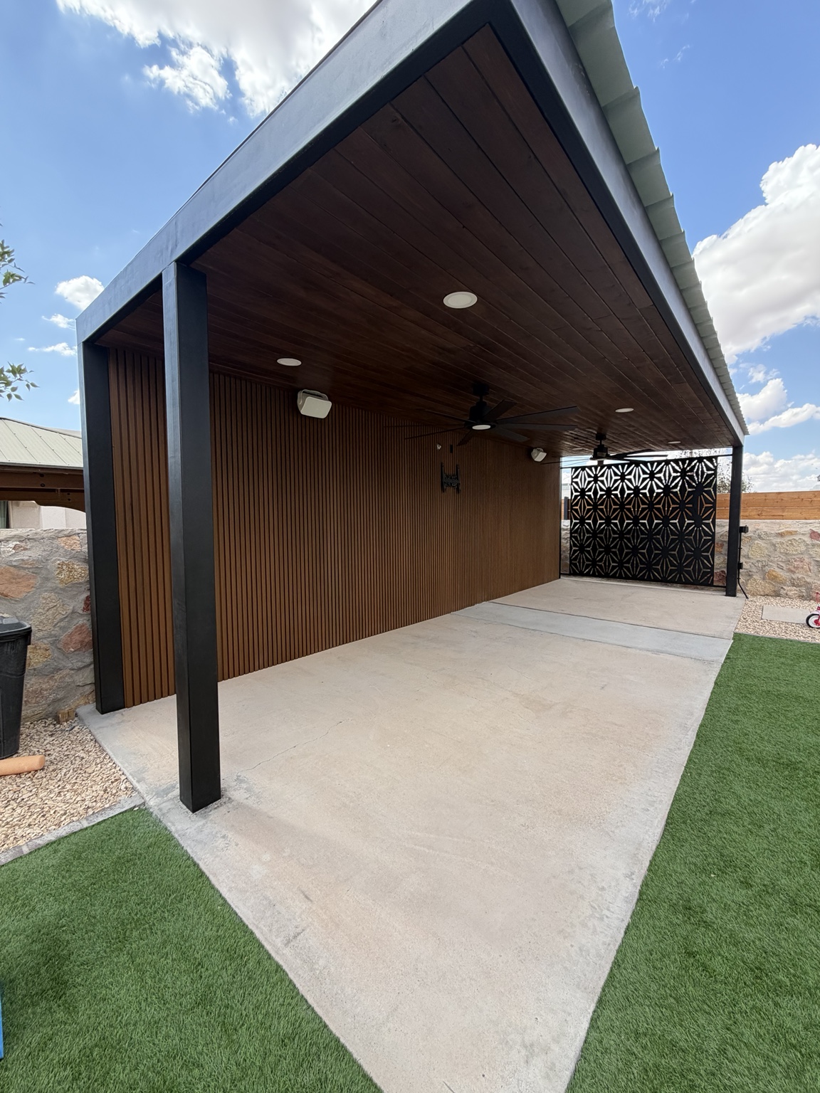 Custom BUILT patio cover with wood ceiling